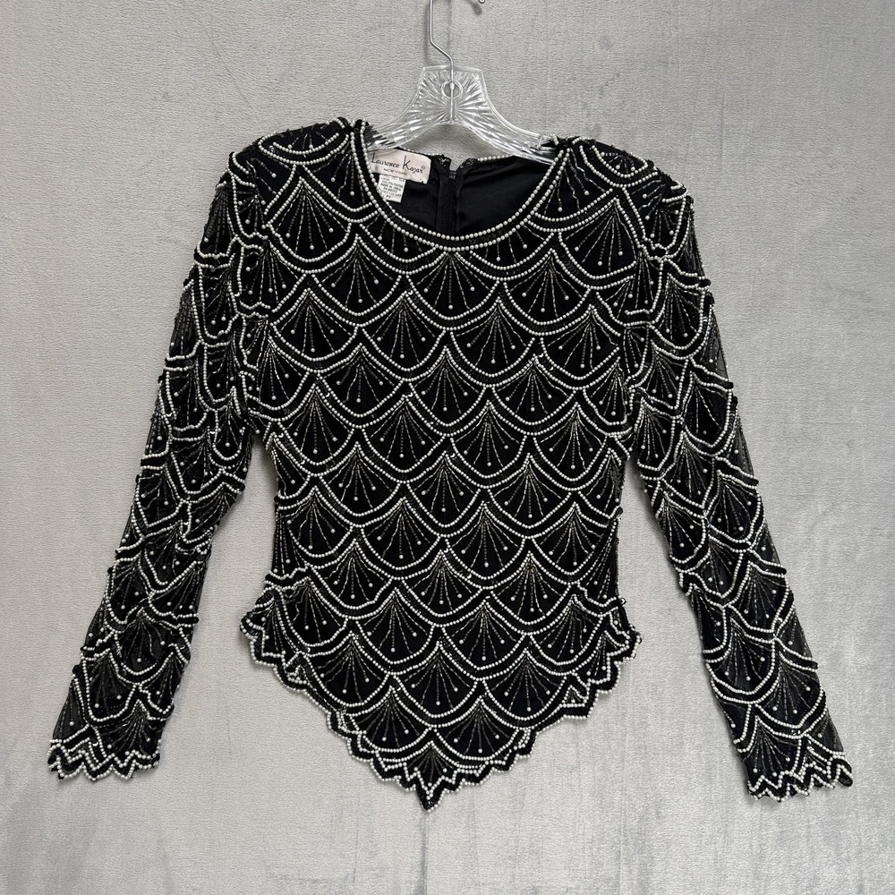 Vintage Laurence Kazar Blouse Womens Petite Small Black‎ Beaded Silk Top Party